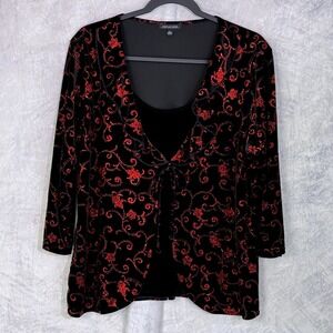 NOTATIONS Black Red Glitter Floral Velvet Cardigan Top sz XL Whimsigoth Sparkle
